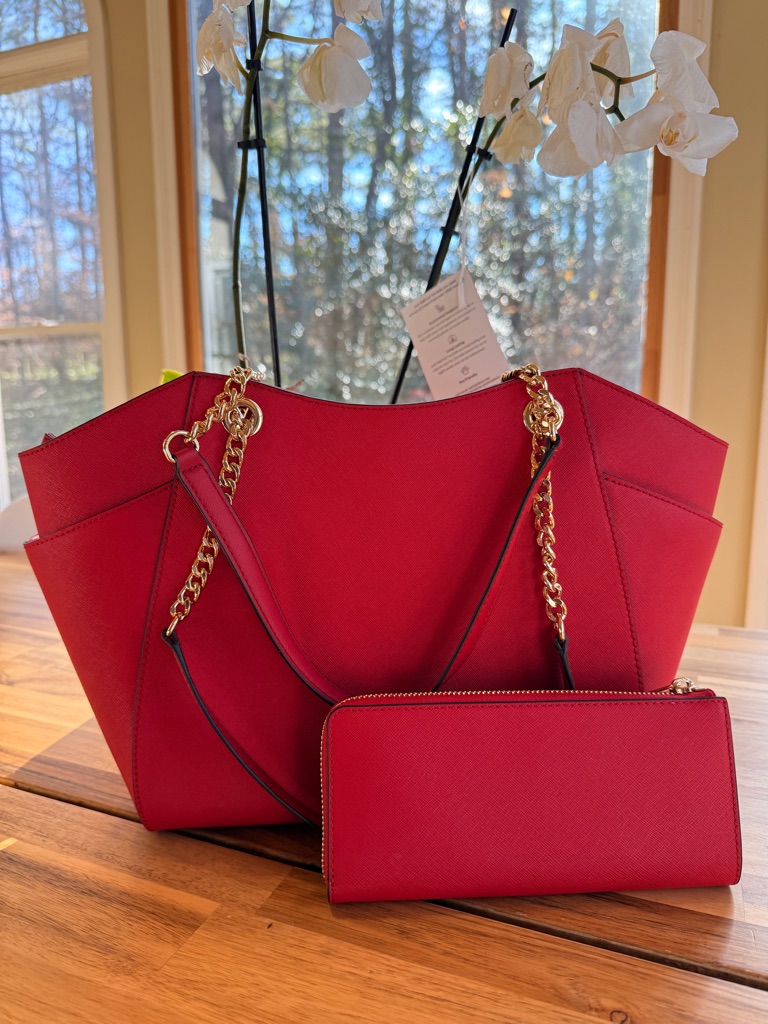 Michael Kors Red Tote Bag With Matching Wallet And Gold Chain Straps